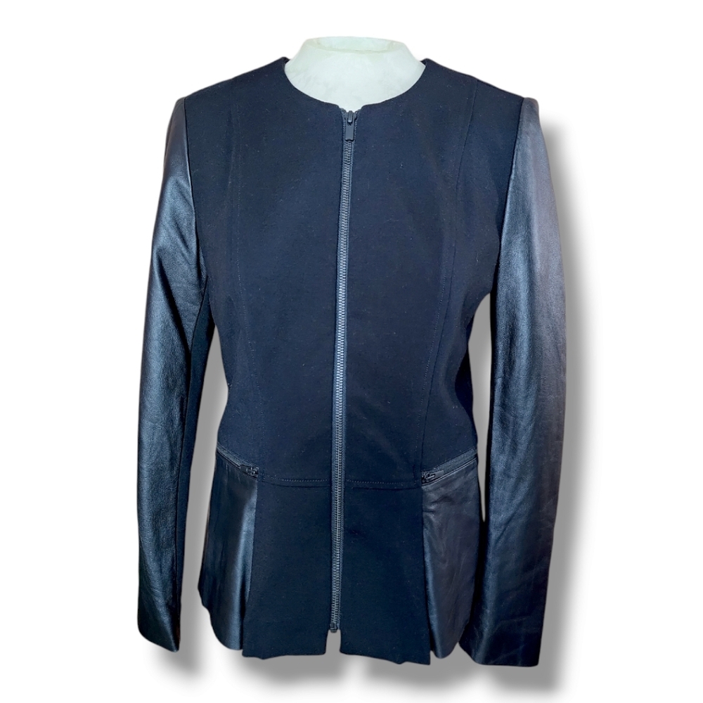 Ecru Faux Leather Detail Ponte Jacket with Zipper Pockets and Wrist Detail – EUC - Picture 8 of 9